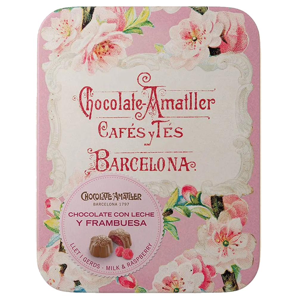 Chocolate Amatller Milk Chocolate Raspberry Flower Pralines Tin 72g